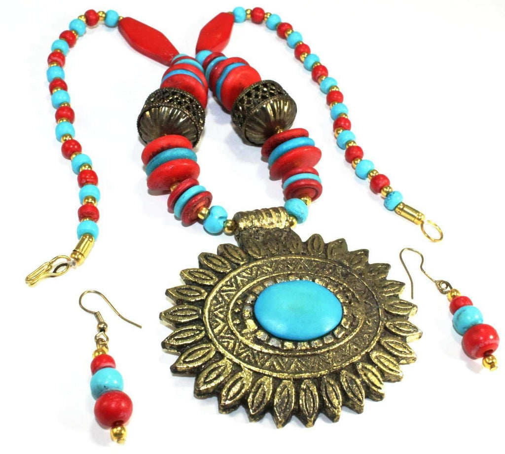 Necklace & Earrings Set Flower Medallion Boho