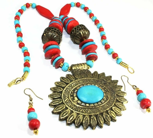 Necklace & Earrings Set Flower Medallion Boho