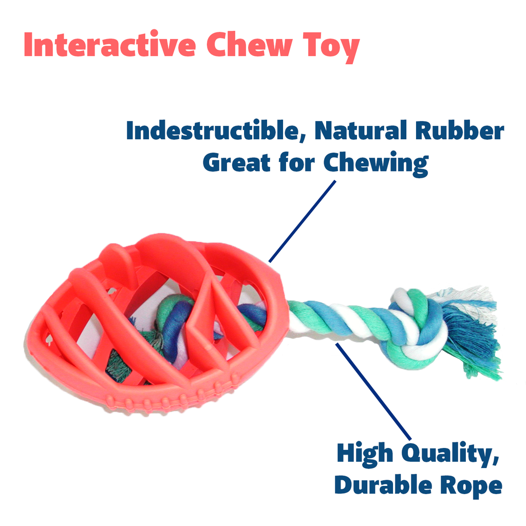 Dog Chew Toy- Rubber Football - with Tug Rope -- Great for Active Dogs --