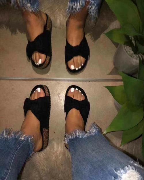 Women's Sandals, Slides 1 Straps Comfy Bow Slide Sandals Black