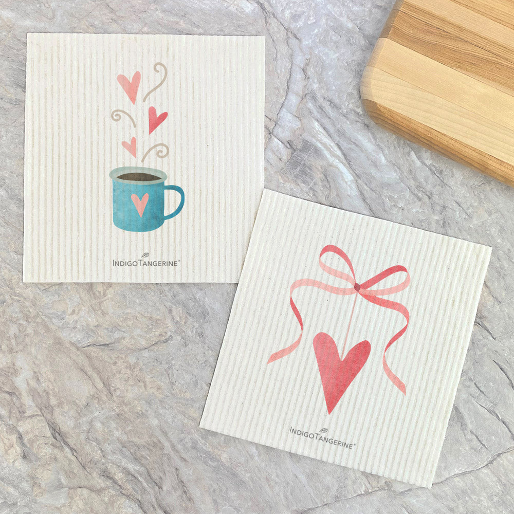 Dish Cloth, Valentine's Coffee, Ribbon Heart  - 2pk Swedish