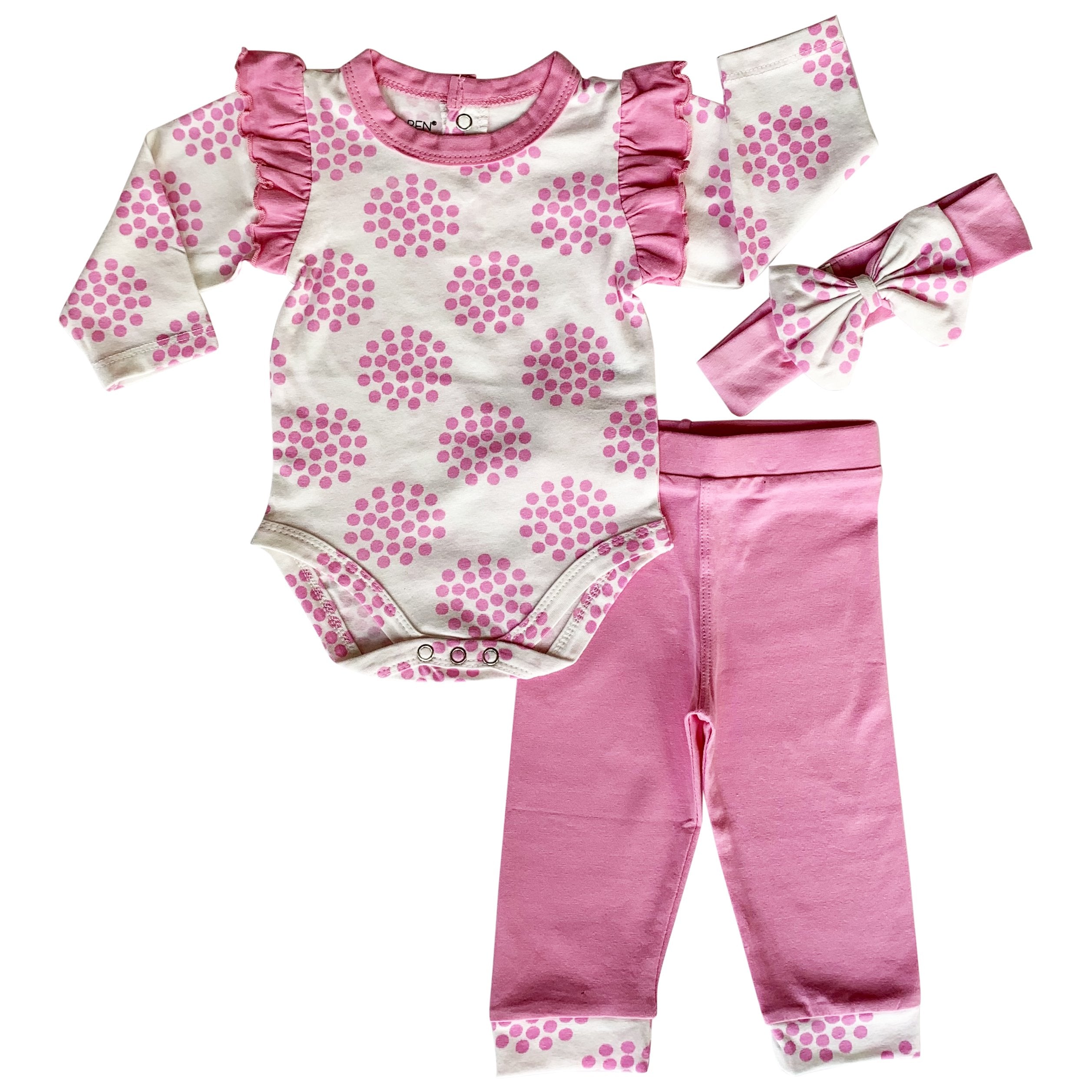 Baby, AnnLoren Baby Girls Layette Pink Polka Dot Onesie Pants Headband 3pc