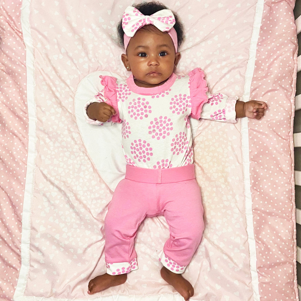 Baby, AnnLoren Baby Girls Layette Pink Polka Dot Onesie Pants Headband 3pc