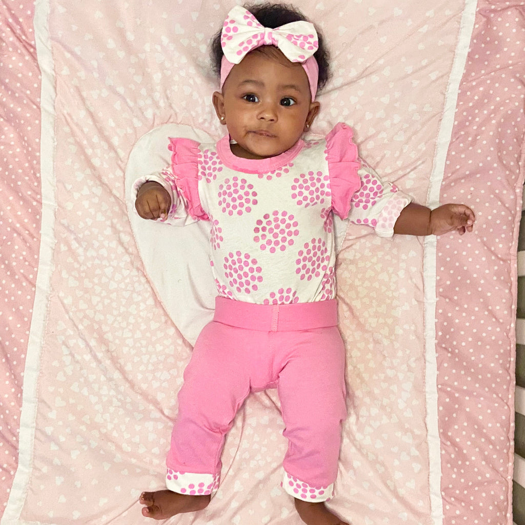 Baby, AnnLoren Baby Girls Layette Pink Polka Dot Onesie Pants Headband 3pc