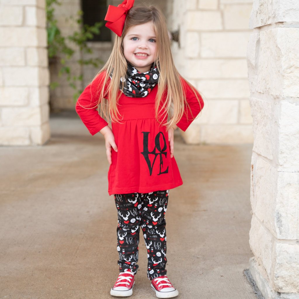 Kid's, Girls Valentine's Day LOVE Red Long Sleeve Tunic Leggings & Scarf