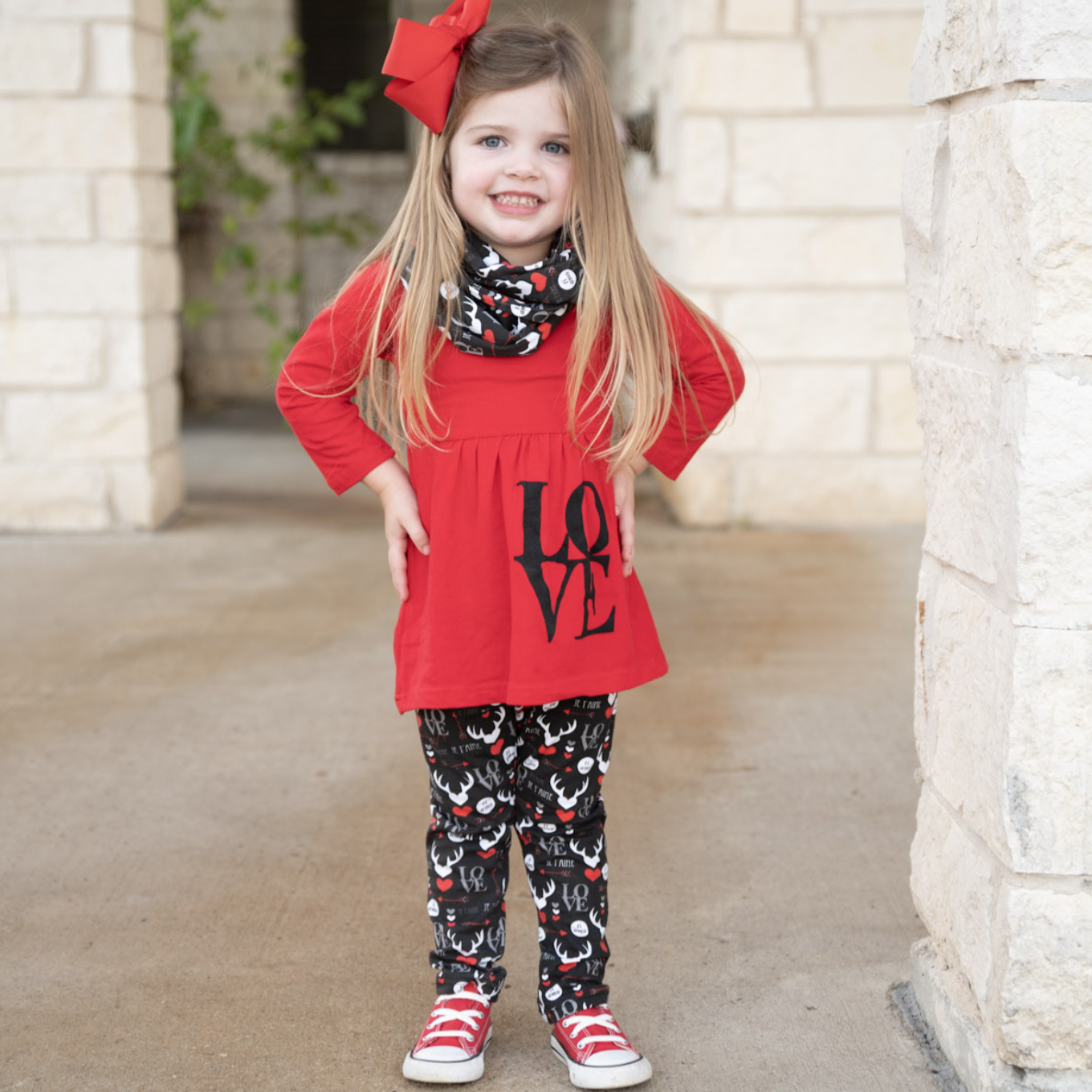Kid's, Girls Valentine's Day LOVE Red Long Sleeve Tunic Leggings & Scarf
