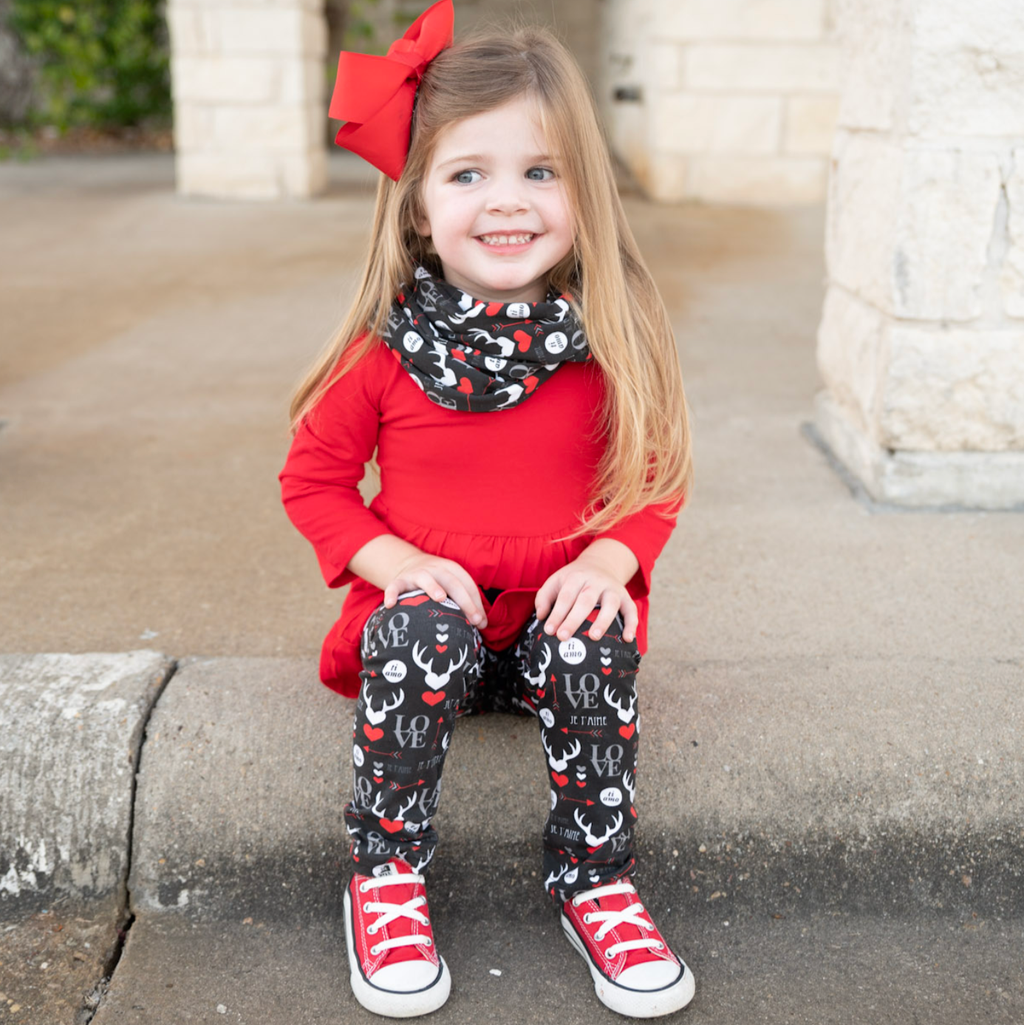 Kid's, Girls Valentine's Day LOVE Red Long Sleeve Tunic Leggings & Scarf