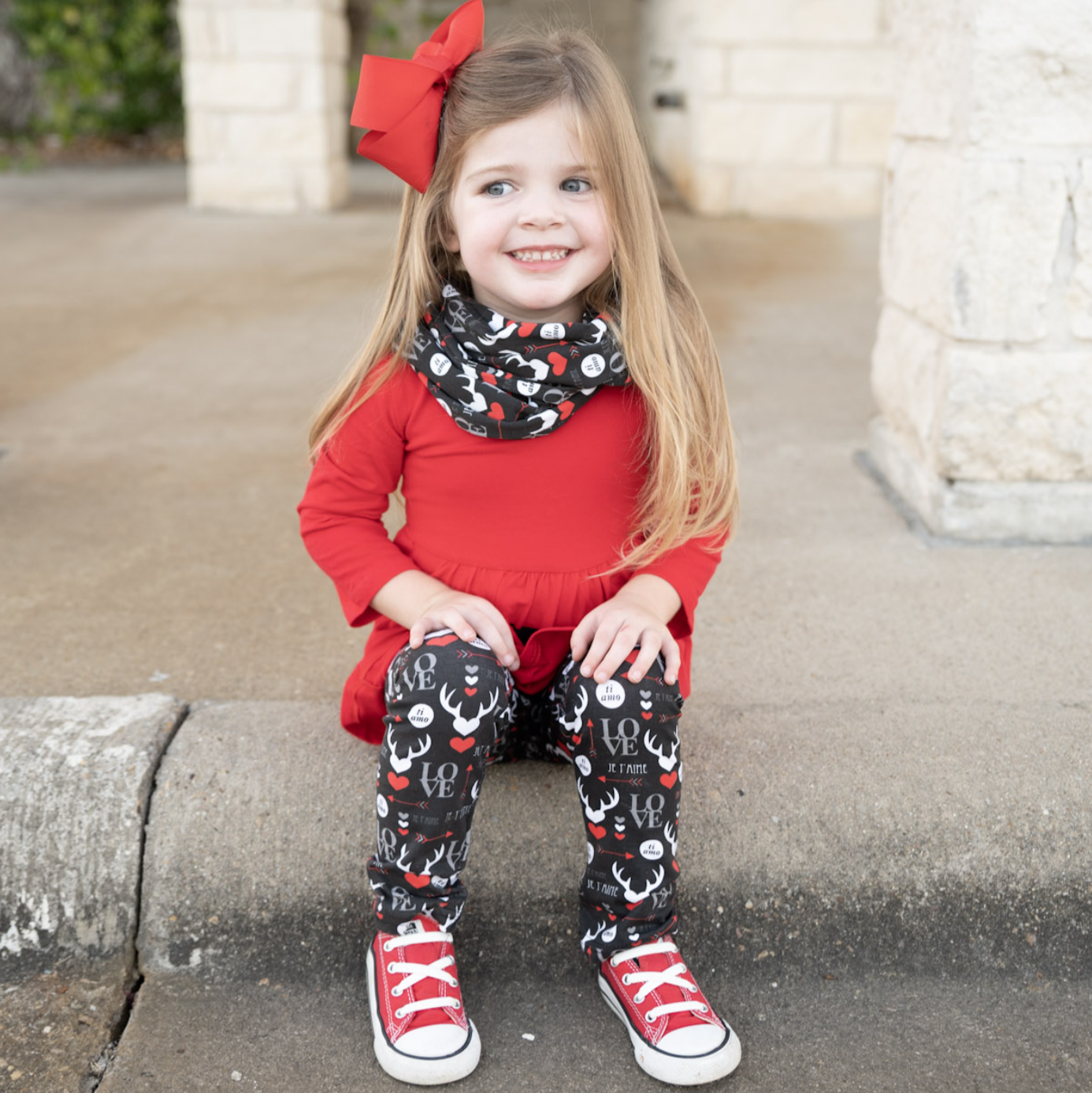 Kid's, Girls Valentine's Day LOVE Red Long Sleeve Tunic Leggings & Scarf
