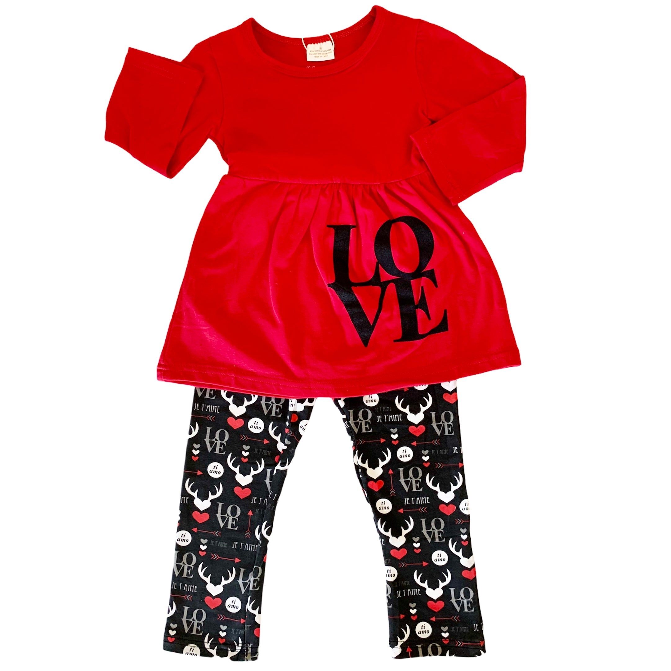 Kid's, Girls Valentine's Day LOVE Red Long Sleeve Tunic Leggings & Scarf