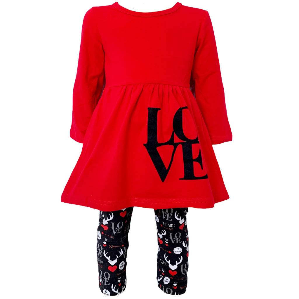 Kid's, Girls Valentine's Day LOVE Red Long Sleeve Tunic Leggings & Scarf