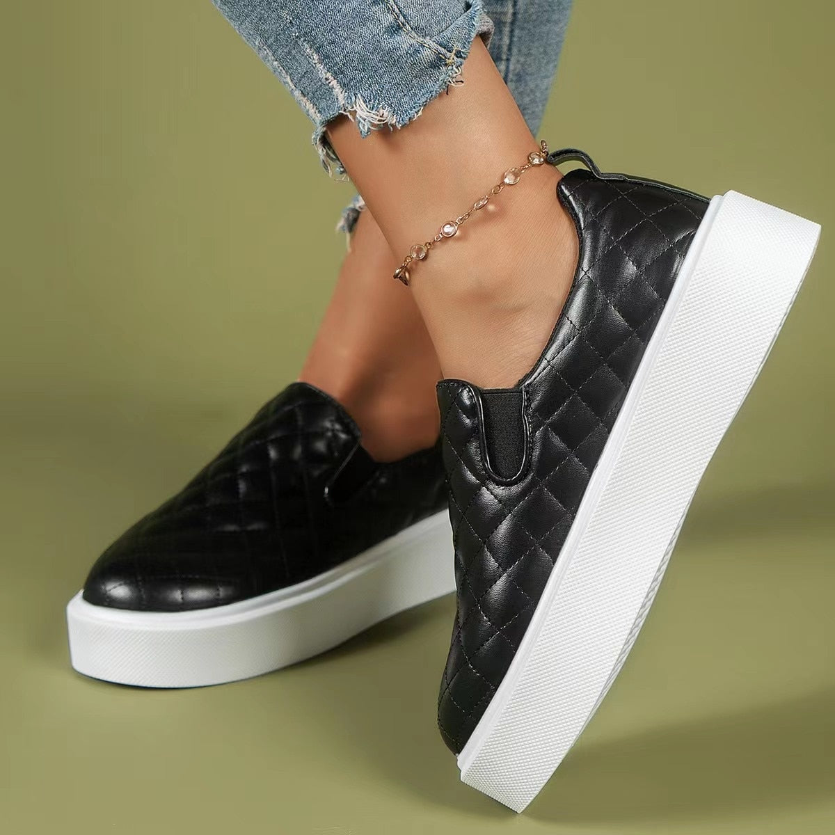 Women's Shoes, Slip-on Casual Platform Shoes Lightweight  Flats Loafers Black/White