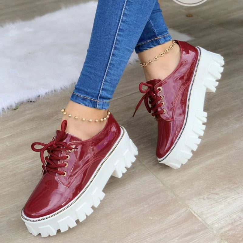 Women's Shoes, Thick Heel Flat Platform Oxford Shoes Black/Red/Pink