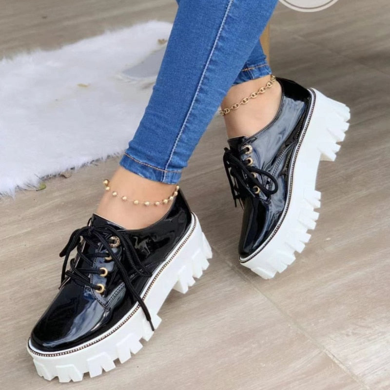 Women's Shoes, Thick Heel Flat Platform Oxford Shoes Black/Red/Pink