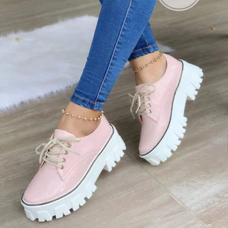 Women's Shoes, Thick Heel Flat Platform Oxford Shoes Black/Red/Pink