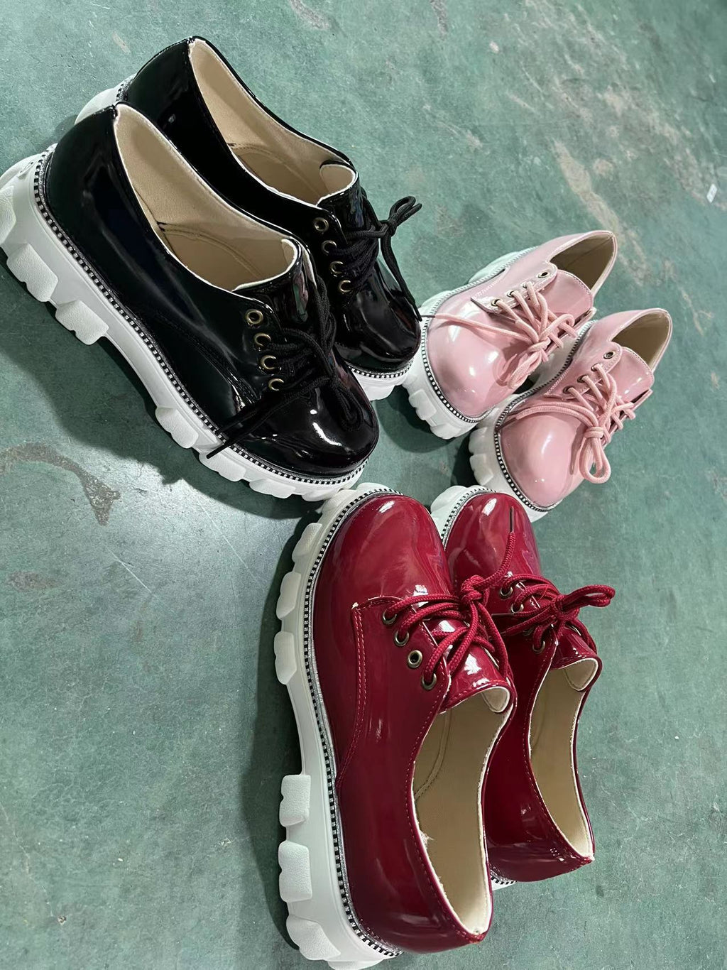 Women's Shoes, Thick Heel Flat Platform Oxford Shoes Black/Red/Pink