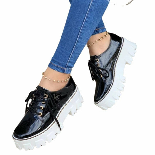 Women's Shoes, Thick Heel Flat Platform Oxford Shoes Black/Red/Pink