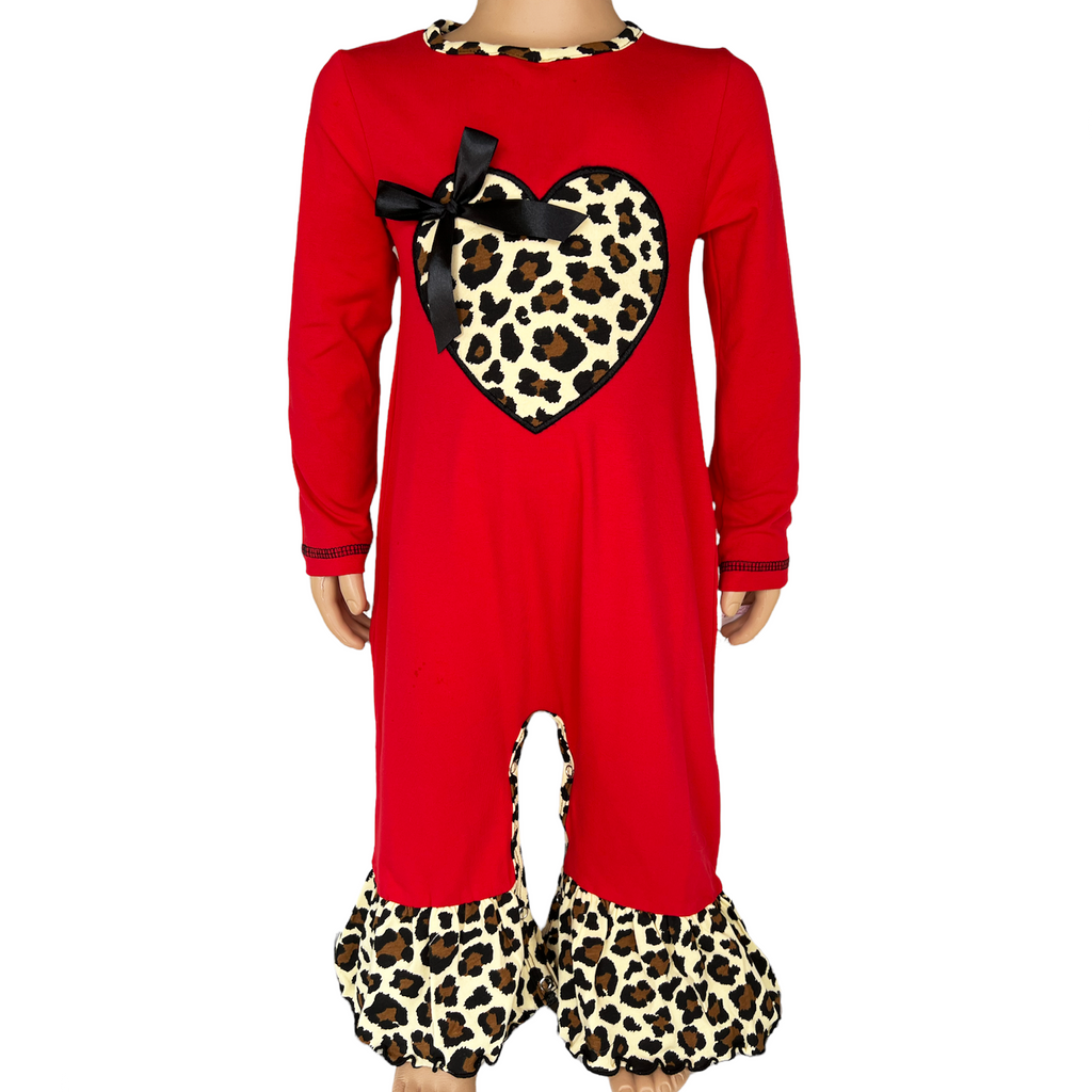 Kid's, Girl's Outfit, AnnLoren Baby Girls Leopard Valentines Holiday Heart Romper Outfit One