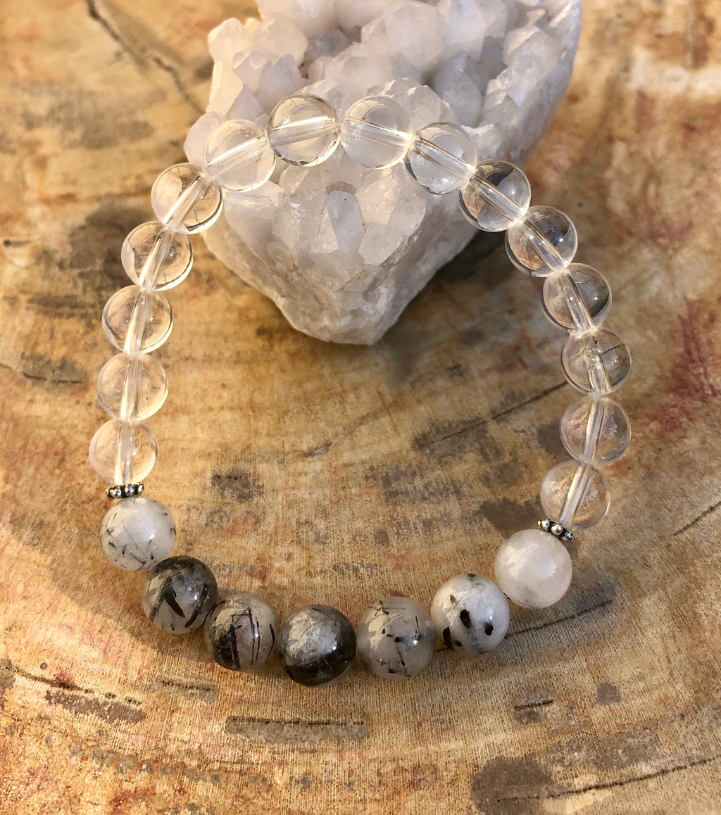 Bracelet, Black Tourmaline & Crystal Quartz Stretch Bracelet! Genuine Crystals!