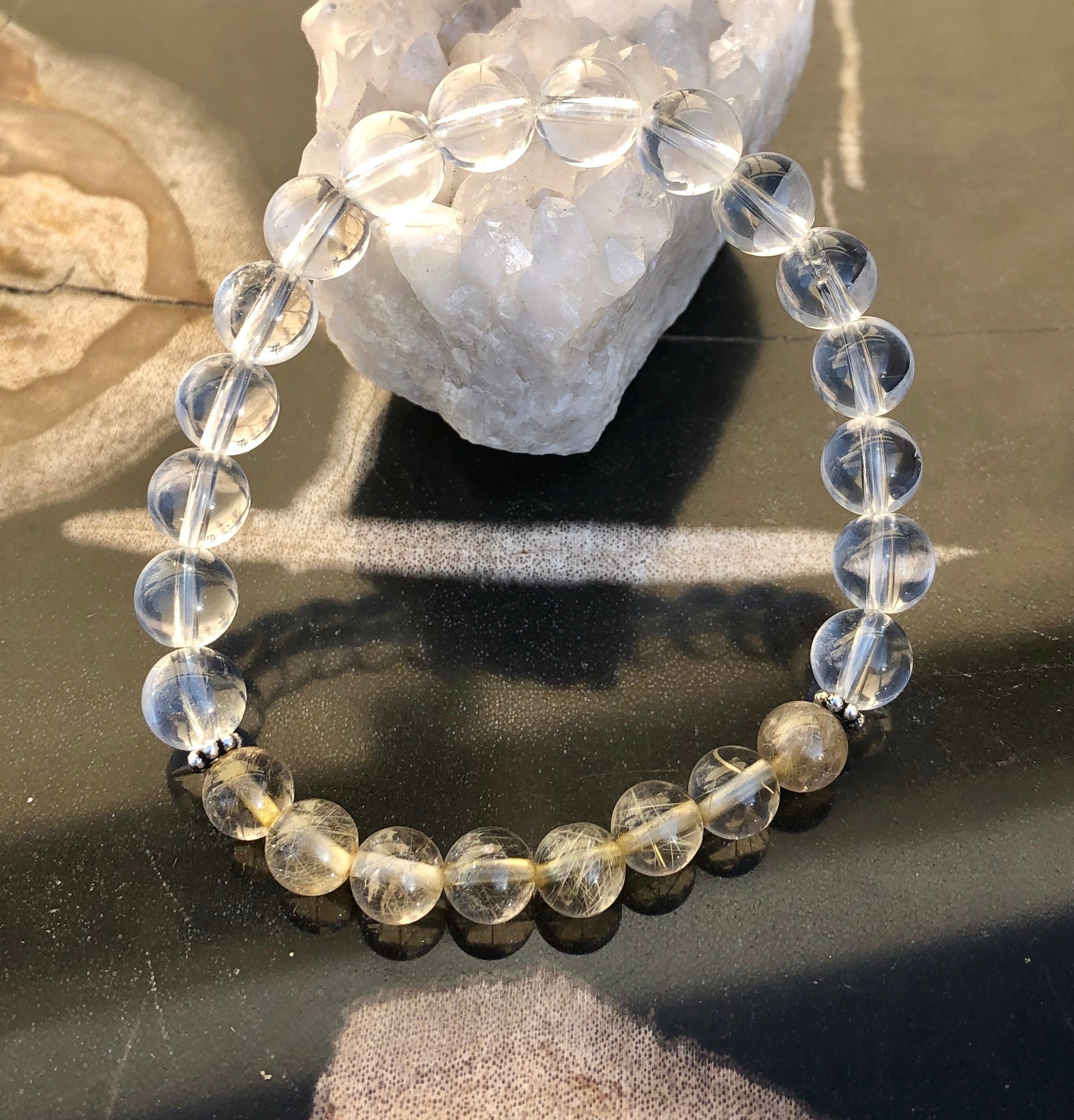 Bracelet, Citrine Rutilated & Crystal Quartz Stretch Bracelet! Genuine Crystals!