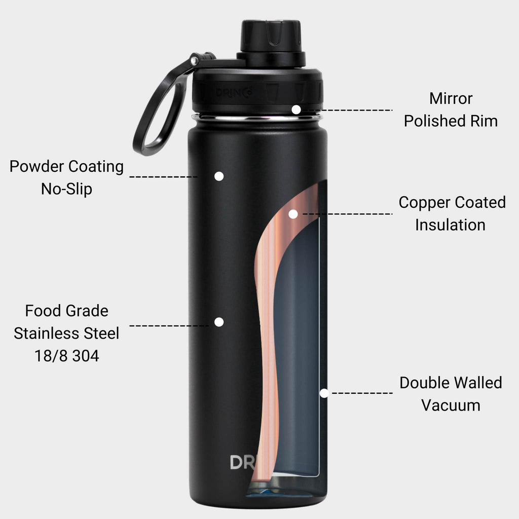 Water Bottle, DRINCO® 22oz Stainless Steel Sport, Black