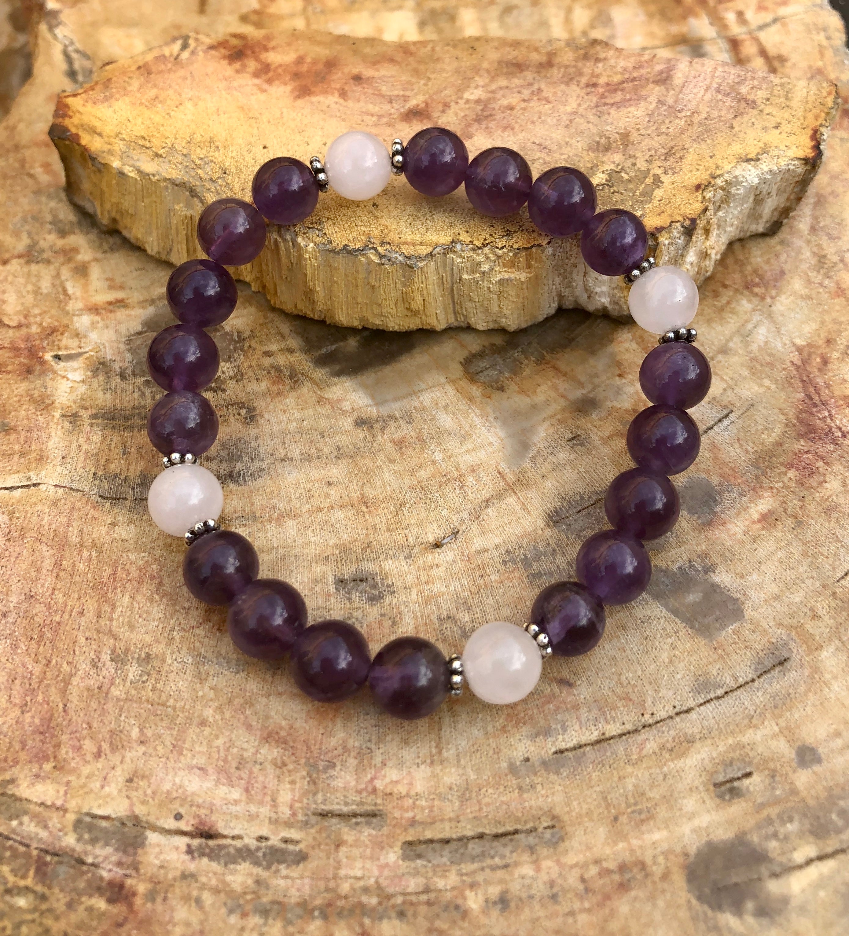Bracelet, Stretches, Amethyst & Rose Quartz, Natural Crystals!