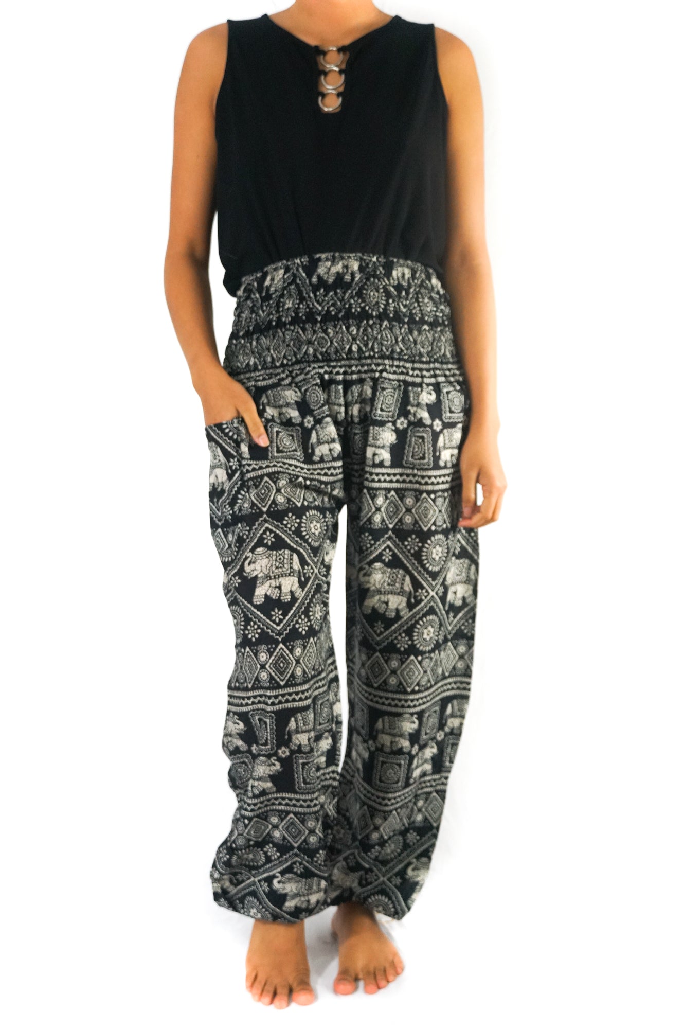 Women's Pants, Boho Pants Hippie Pants Yoga, Black Elephant Design