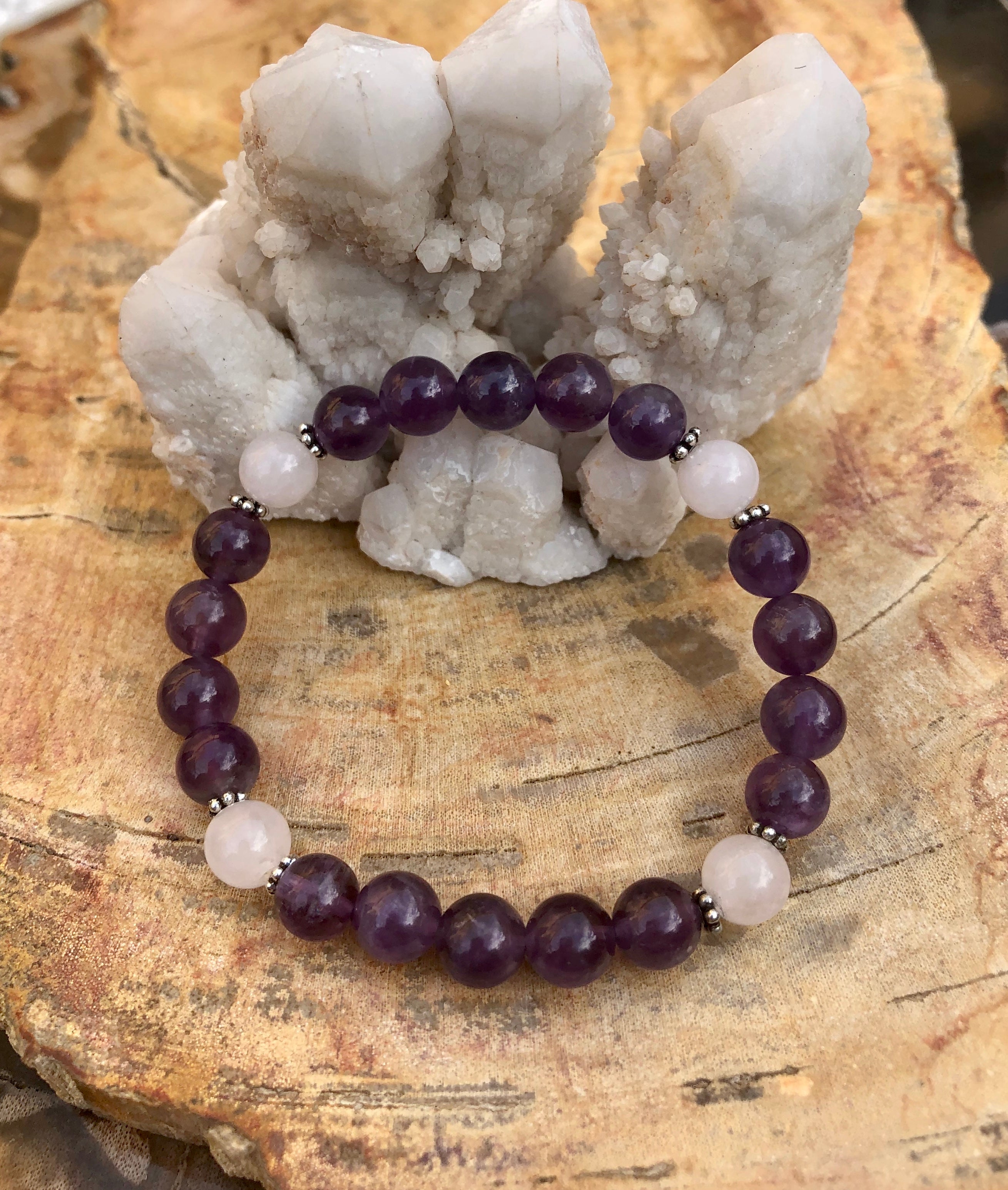 Bracelet, Stretches, Amethyst & Rose Quartz, Natural Crystals!