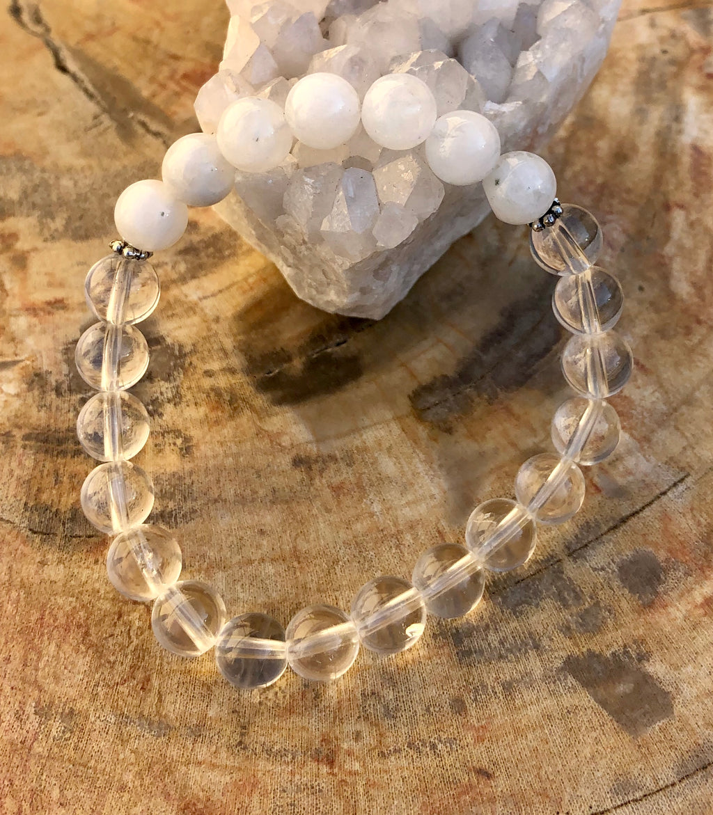 Bracelet, Rainbow Moonstone & Crystal Quartz Stretch Bracelet! Genuine Crystals!