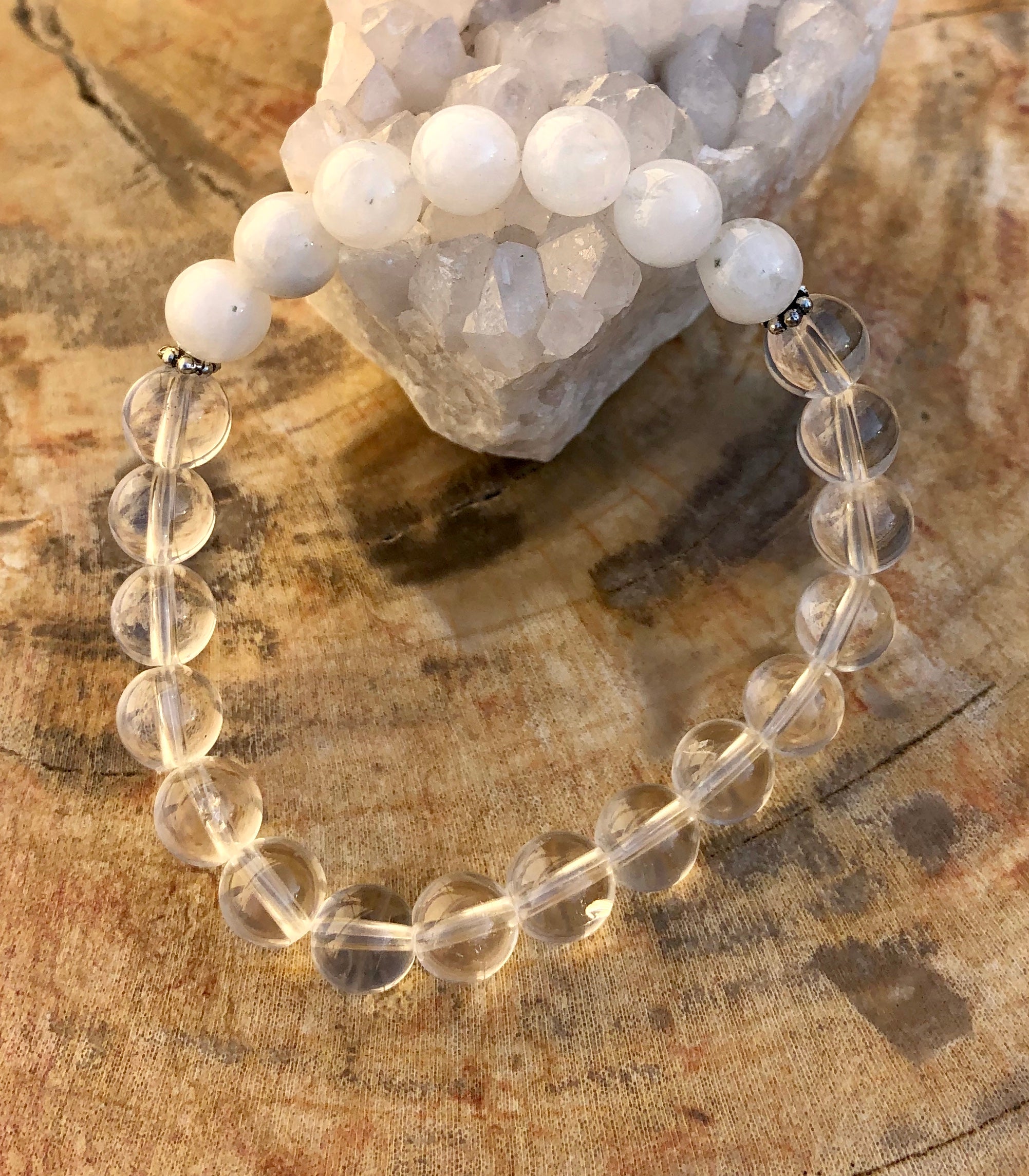 Bracelet, Rainbow Moonstone & Crystal Quartz Stretch Bracelet! Genuine Crystals!