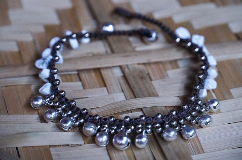 Anklet, White Silver Bell Boho