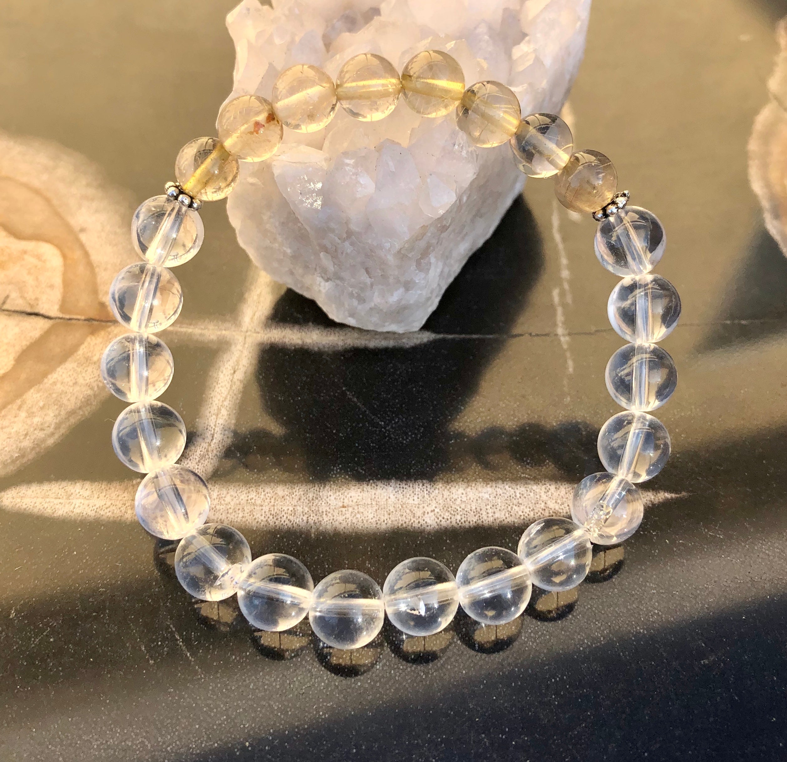 Bracelet, Citrine Rutilated & Crystal Quartz Stretch Bracelet! Genuine Crystals!