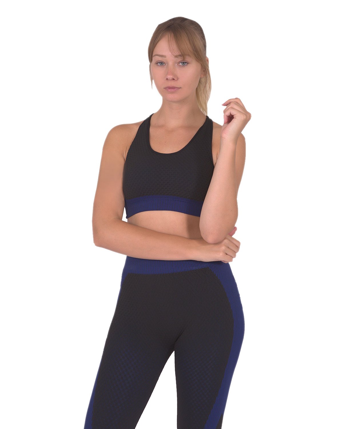 Women's Sports Bra, Trois Seamless - Black with Navy