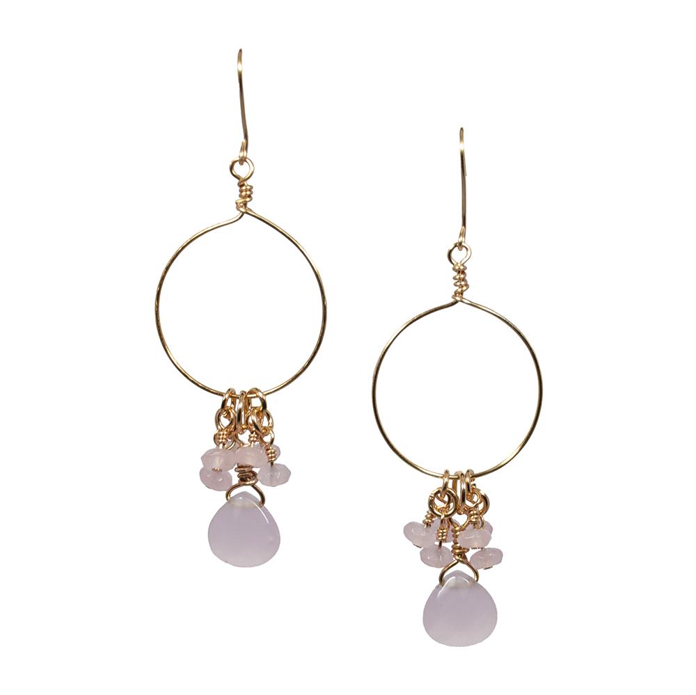Earrings, Pink Chalcedony and Jade Cluster Hoop Earrings
