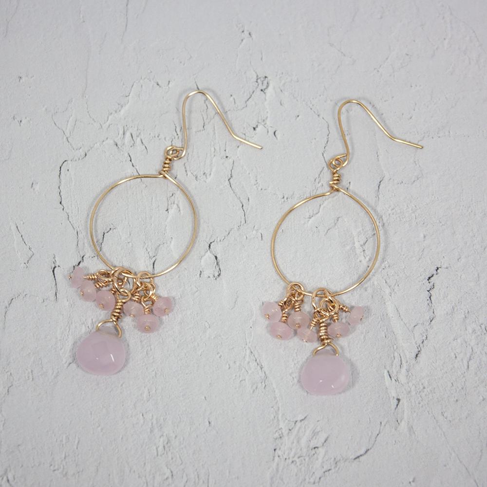 Earrings, Pink Chalcedony and Jade Cluster Hoop Earrings