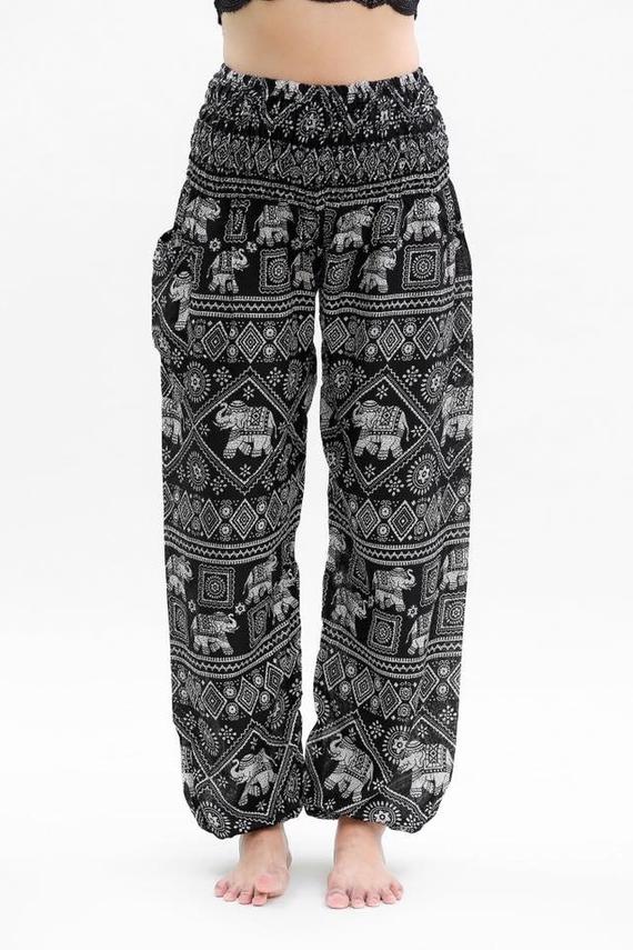 Women's Pants, Boho Pants Hippie Pants Yoga, Black Elephant Design
