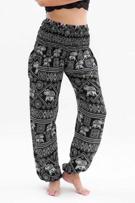 Women's Pants, Boho Pants Hippie Pants Yoga, Black Elephant Design