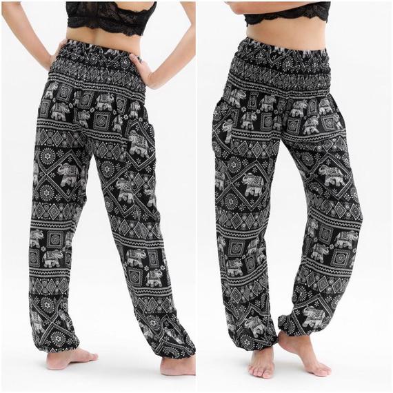 Women's Pants, Boho Pants Hippie Pants Yoga, Black Elephant Design
