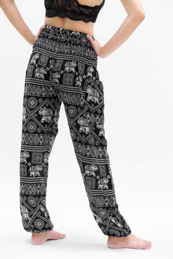 Women's Pants, Boho Pants Hippie Pants Yoga, Black Elephant Design